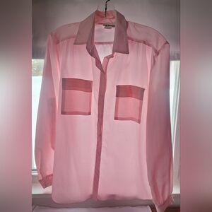 Vintage All Hours Sheer Silky Polyester Soft Pink Button Up Blouse 80s GREAT!